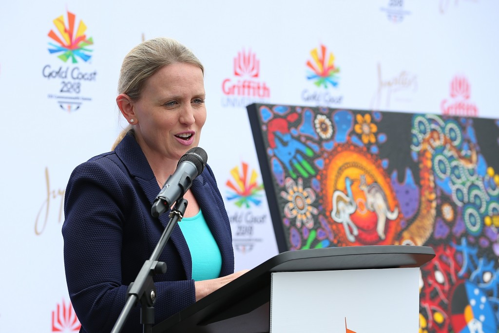 Kate Jones speaking at the official opening of the Gold Coast 2018 headquarters building in 2015 ©Getty Images