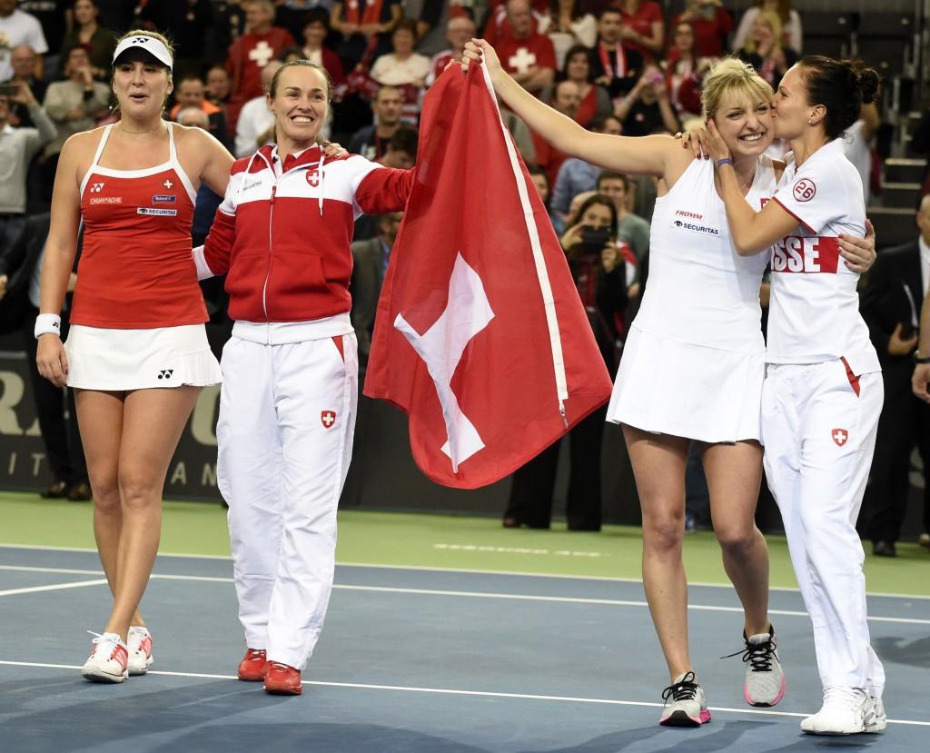 Switzerland celebrate after their Fed Cup victory over France ©Getty Images