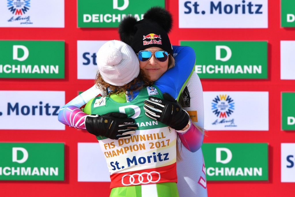 Winner Ilka Stuhec, left, and bronze medallist Lindsey Vonn congratulate each other following today's downhill competition ©Getty Images