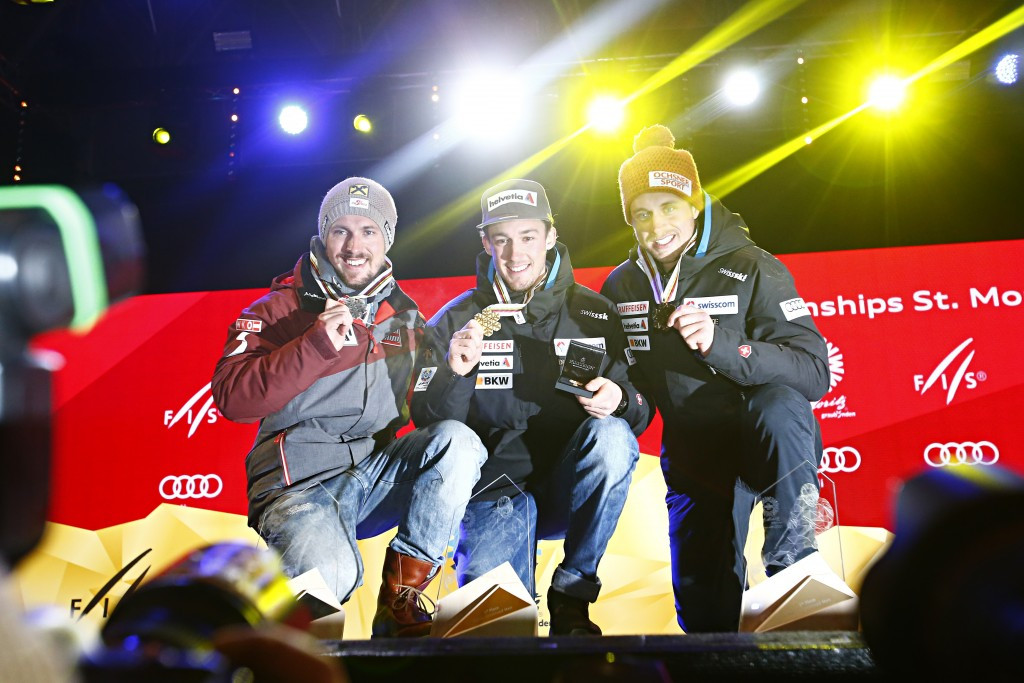 The three podium finishers pose following the Alpine combined competition ©Getty Images