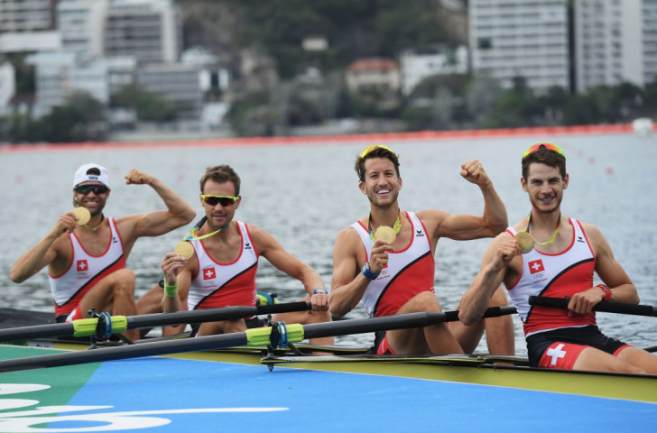 Too good for their own good? Switzerland celebrate Rio Olympic victory in the men's lightweight four - an event that will be dropped from the programme for Tokyo 2020 ©Getty Images