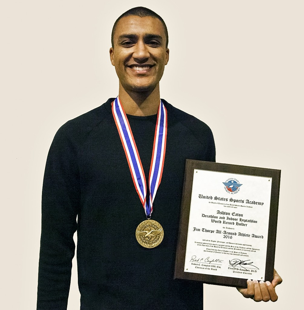 Ashton Eaton has been presented the 2016 Jim Thorpe All-Around Award from the United States Sports Academy ©USSA