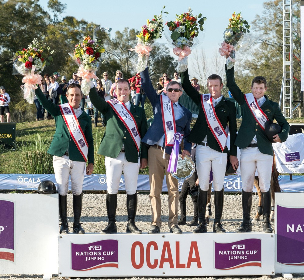 Ireland on top of the podium in Ocala after winning the latest FEI Nations Cup Jumping series event ©FEI