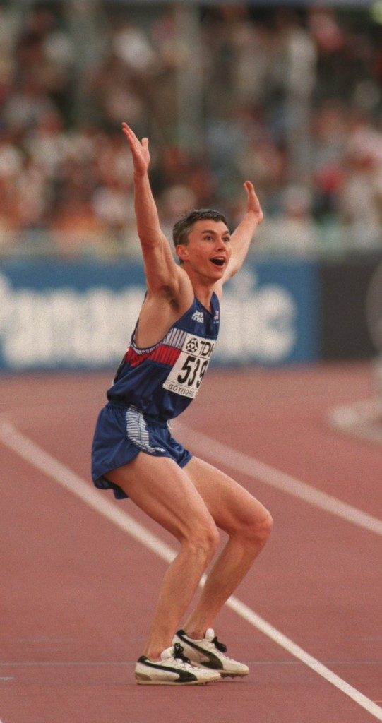 Jonathan Edwards of Britain reacts at the 1995 World Championships in Gothenburg after becoming the first triple jumper to better 18m legally. That was his first round. The next jump, 18.29m, still stands as the world record 