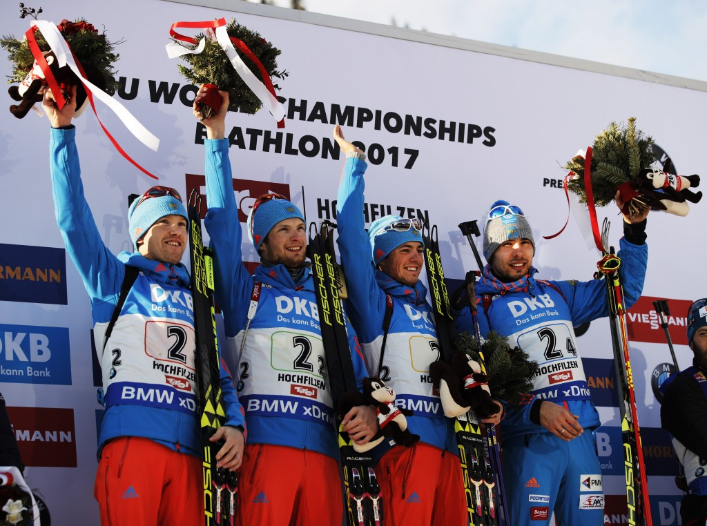 Russia won the men’s 4x7.5km relay title at the IBU World Championships in the Austrian town of Hochfilzen today ©Getty Images