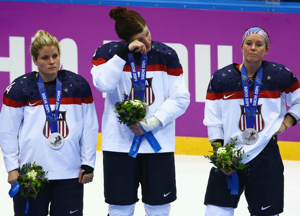 Anne Schleper, middle, won Olympic silver at Sochi 2014 after defeat to Canada ©Getty Images