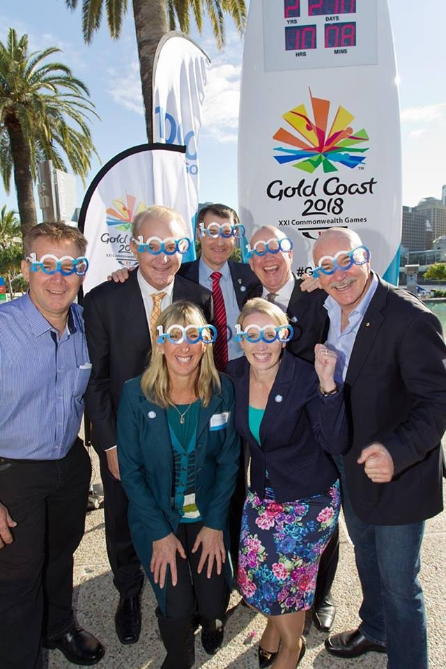 Brisbane 1982 Commonwealth Games marathon gold medallist Rob de Castella (right) was among the guests who unveiled a giant surfboard-shaped countdown clock to mark 1,000 days until the start of Gold Coast 2018 