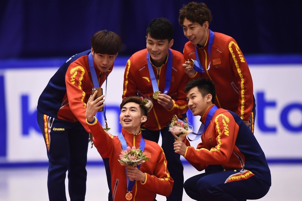China celebrate short track relay gold in the final event of the day ©Getty Images