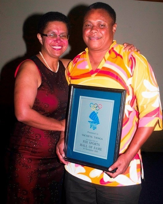 Sprinter Vaciseva Tavaga, right, was inducted into the Fiji Sports Hall of Fame in 2015 ©FASANOC