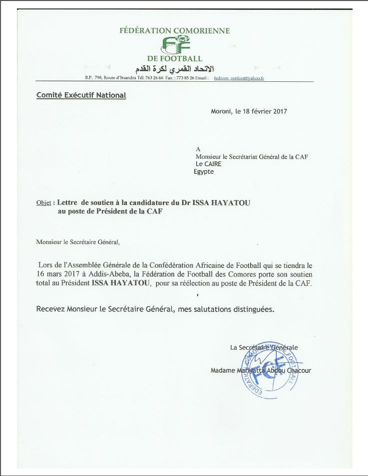 The letter, written in French, which was sent by the Comoros Football Federation ©FCF