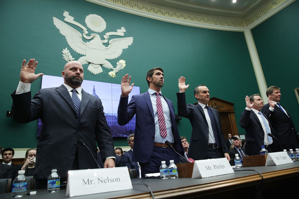 Five people, including 23-time Olympic gold medallist Michael Phelps, second from left, gave evidence at a Congressional Sub-Committee hearing in Washington D.C. ©Getty Images
