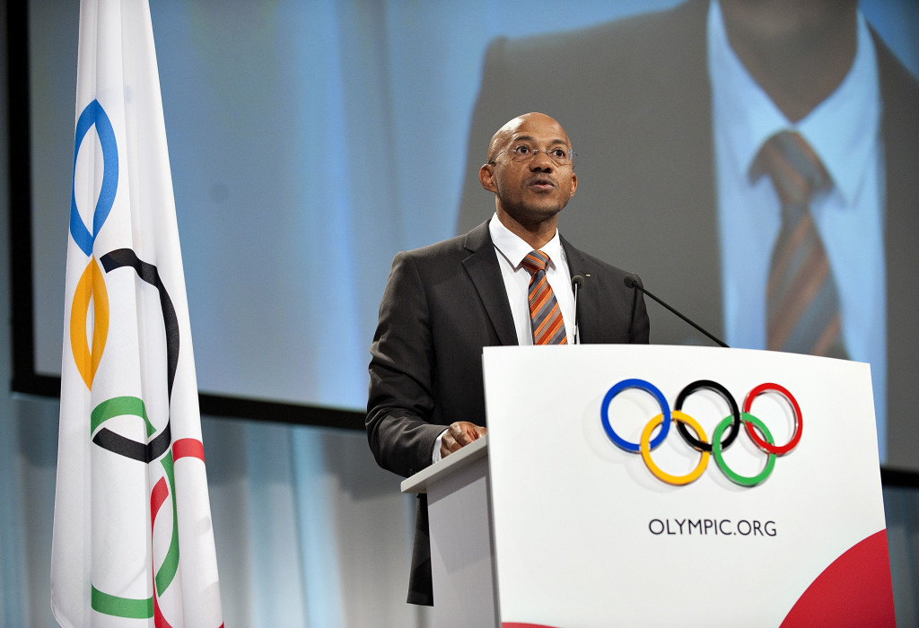 Frankie Fredericks pictured speaking during the 2009 IOC Session in Copenhagen ©Getty Images