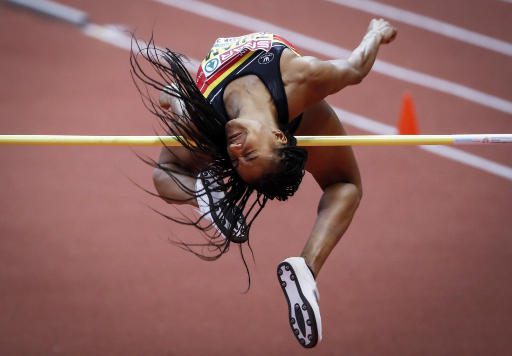 Belgium's Olympic heptathlon champion Nafissatou Thiam set a Championship pentathlon high jump record of 1.96m en route to gold ©Getty Images