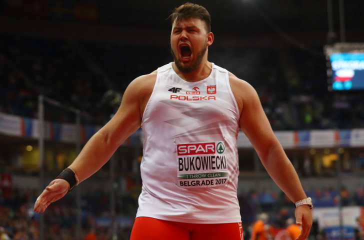 Poland's Konrad Bukowiecki reacts to a huge personal best effort which won him the European Indoor shot put title in Belgrade ©Getty Images