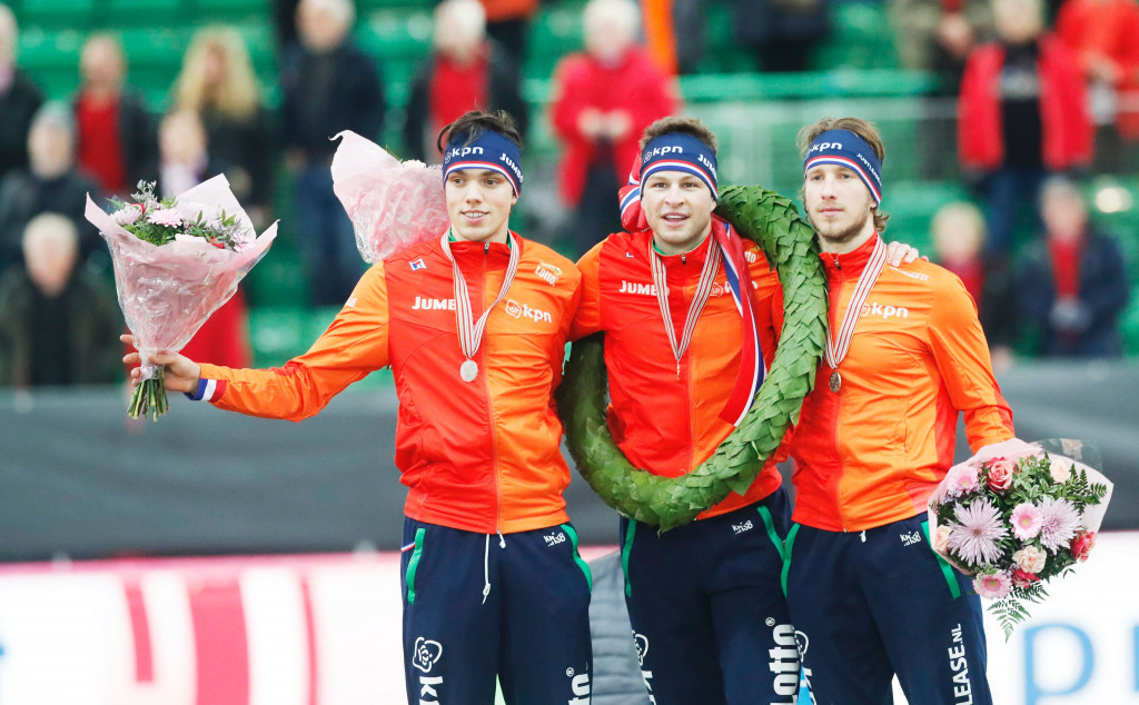 Sven Kramer, centre, topped an all-Dutch podium in the men's tournament ©Getty Images