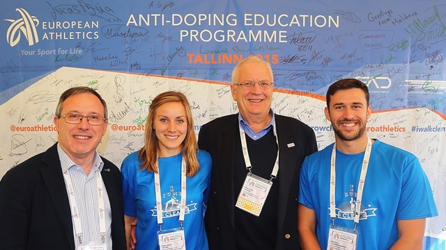 European Athletics President Svein Arne Hansen (second right) and vice-president Jean Gracia at the launch of the new anti-doping initiative in Tallinn 