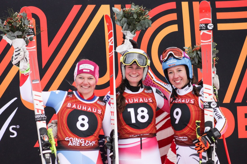 Alice Merryweather, centre, won the women's downhill title at the FIS Junior Alpine World Ski Championships today ©Nisse Schmidt