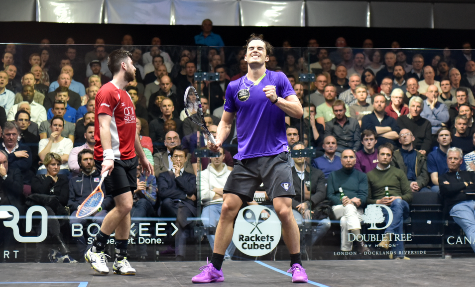 New Zealand's Paul Coll, in blue, eached the semi-finals of the Canary Wharf Classic with victory over England's Daryl Selby and will now meet another home, Nick Matthew ©Canary Wharf Classic