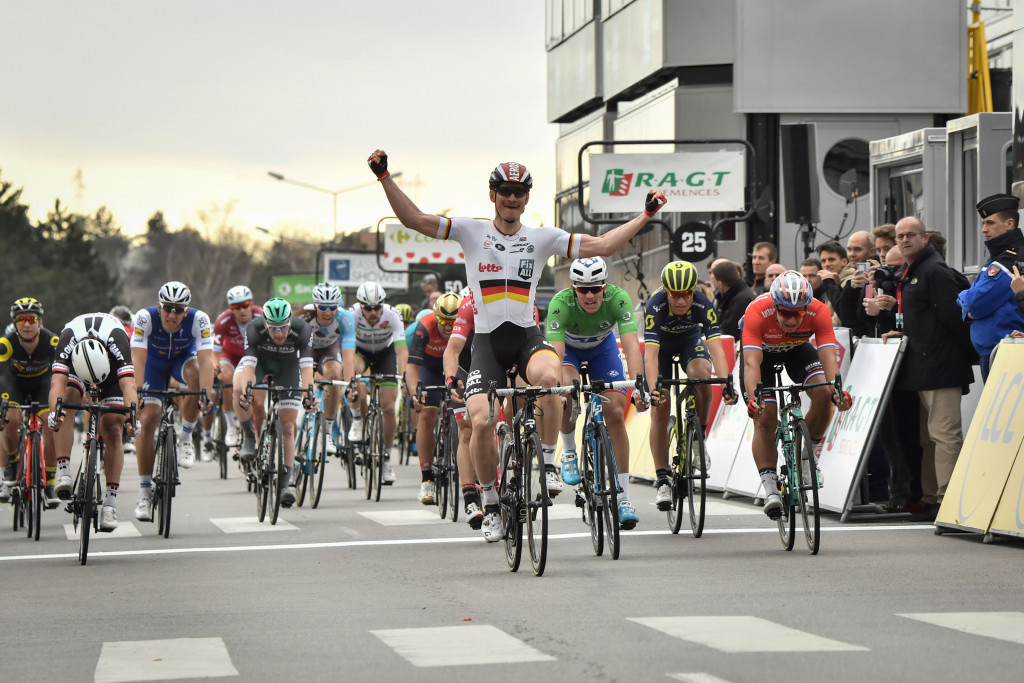André Greipel celebrates as he crosses the finish line to win stage five of Paris-Nice ©Getty Images