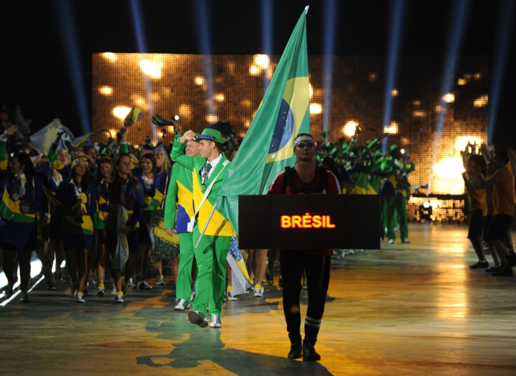 A large Brazilian team led by Flagbearer Thiago Pereira arrives at the Opening Ceremony ©Getty Images 