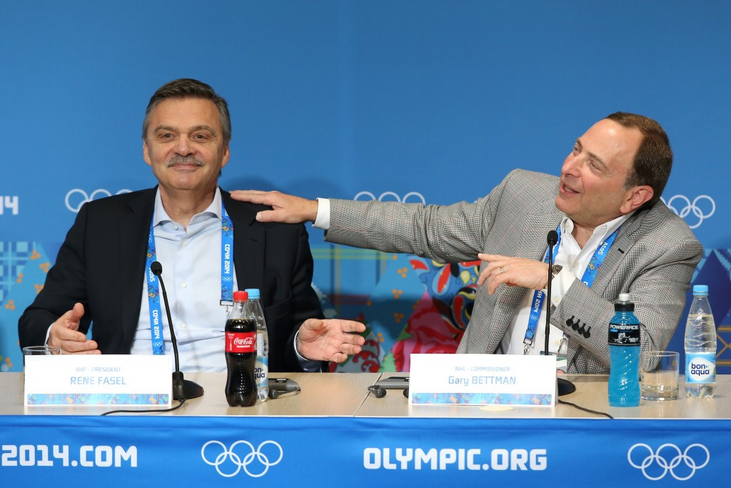 René Fasel, left, and Gary Bettman pictured together during Sochi 2014 ©Getty Images