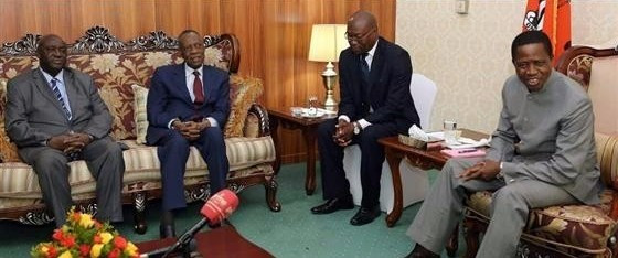 Zambia’s President Edgar Lungu, right, met with former CAF President Issa Hayatou, second from left, after the under-20 Africa Cup of Nations ©CAF