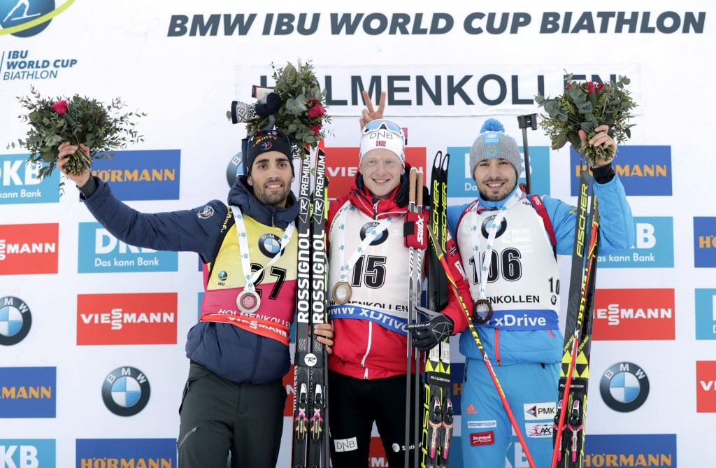  Johannes Thingnes Boe, centre, with Martin Fourcade, left, and Anton Shipulin on the podium ©Getty Images