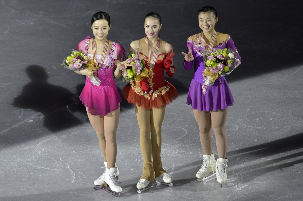Alina Zagitova, centre, with the other medallists  Marin Honda, left, and Kaori Sakamoto ©Getty Images