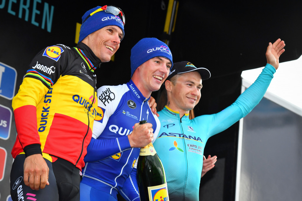 Yves Lampaert, centre, won the men's Dwars door Vlaanderen race today ©Getty Images