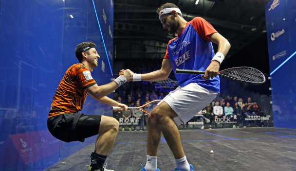 Mohamed Elshorbagy, right, claimed a comfortable win over England's Daryl Selby, left, at the PSA British Open today ©PSA