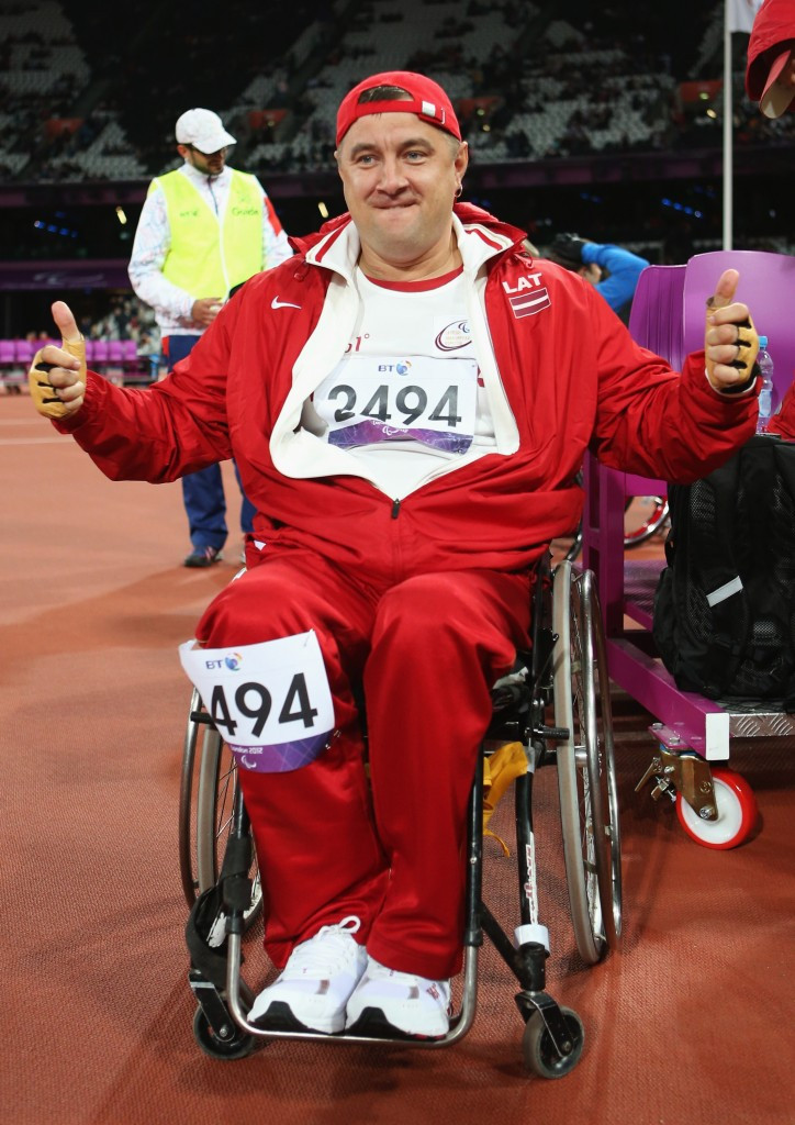 Aigars Apinis pictured celebrating shot put gold at the London 2012 Paralympics ©Getty Images