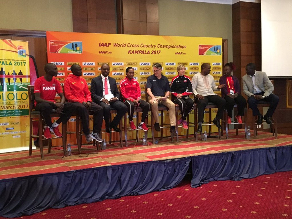 IAAF President Sebastian Coe, centre, and Tegla Loroupe of Kenya, second right, at the pre-event press conference in Kampala 
©IAAF Twitter