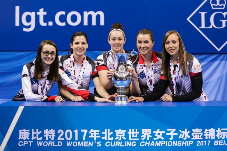 Unbeatable Canada lift World Women's Curling Championship trophy in Beijing