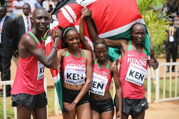 Kenya's victorious team in the first ever mixed relay event at the IAAF World Cross Country Championships, with triple world 1,500m champion Asbel Kiprop, left ©IAAF