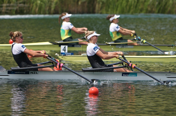 New Zealand's Eve McFarlane and Zoe Stevenson move towards victory in the women's double sculls at the Lucerne World Cup 