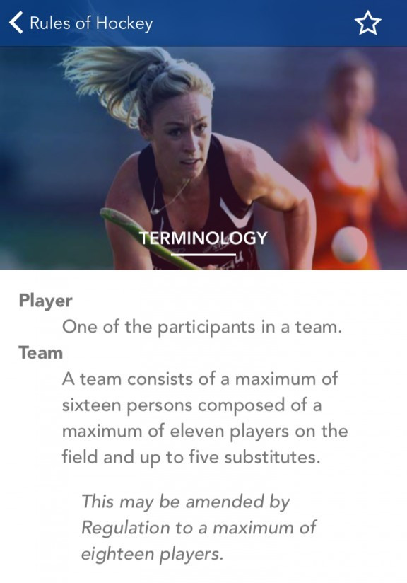 The app details the official and current FIH Rules of Hockey ©FIH