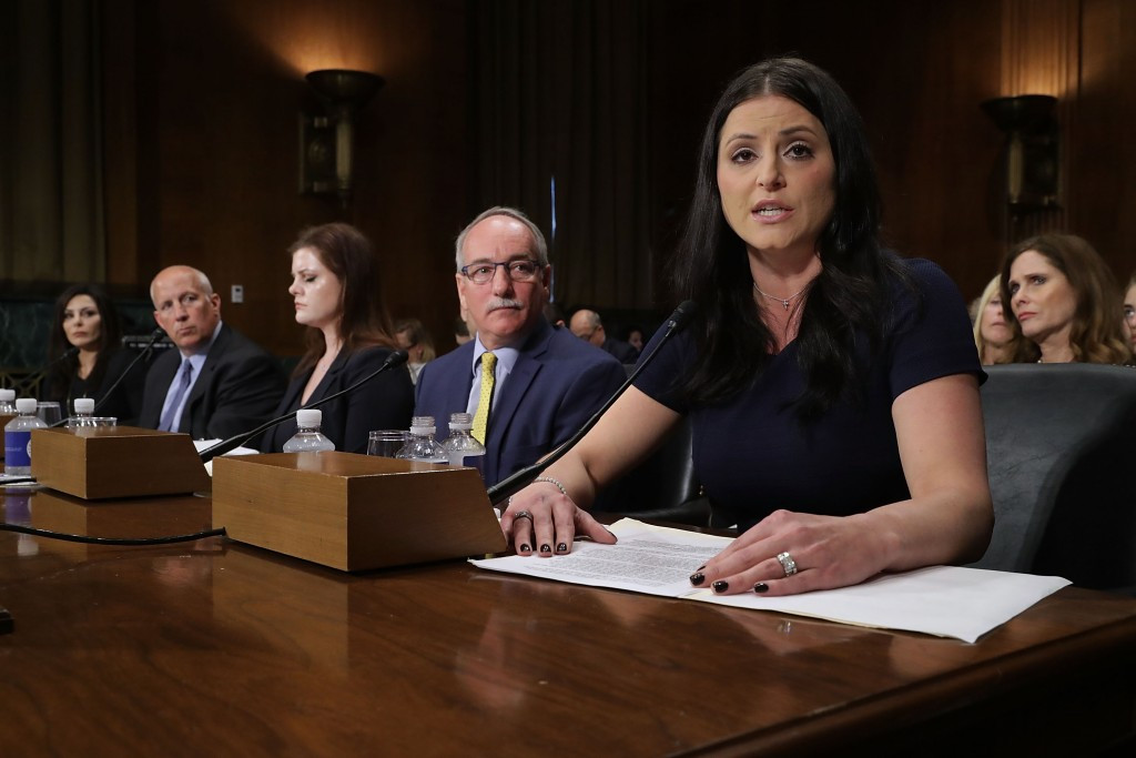 Dominique Moceanu, right, was one of three former members of the United States national gymnastics team to testify to a Senate Committee ©Getty Images