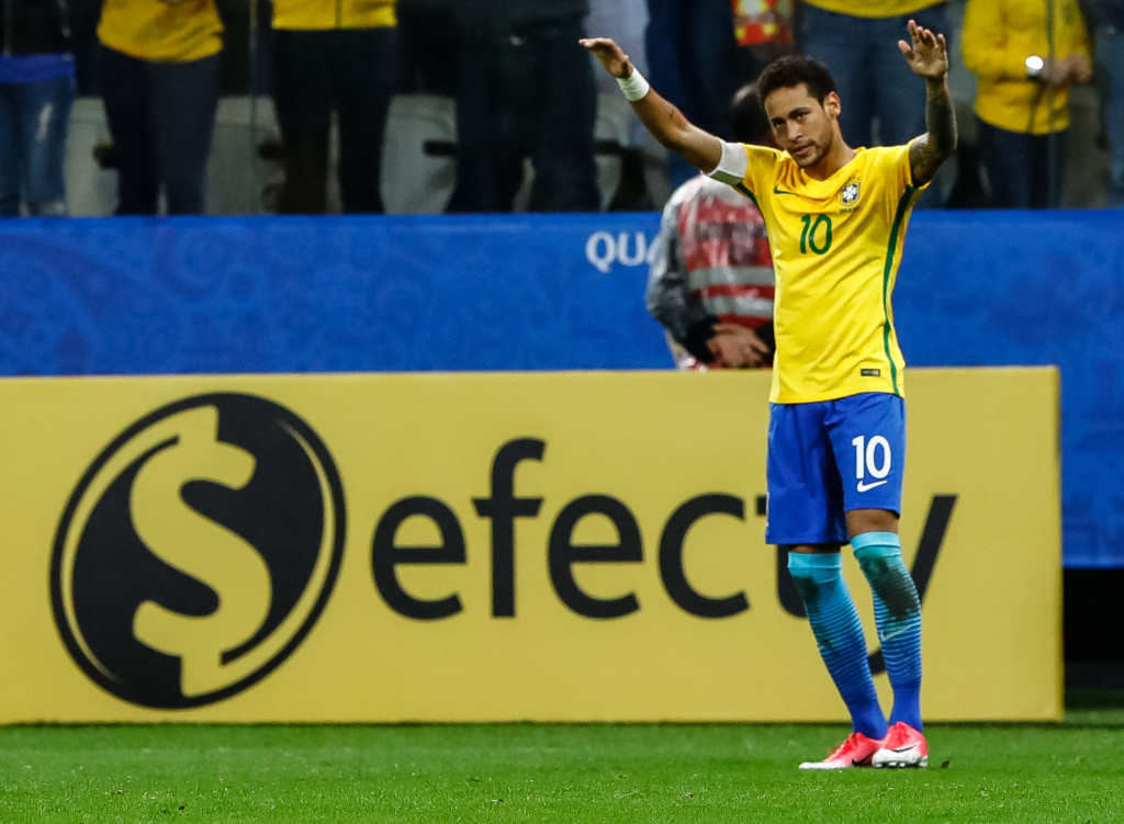 Brazilian captain Neymar celebrates his goal in his country's 3-0 win over Paraguay, which helped them qualify for Russia 2018 ©Getty Images