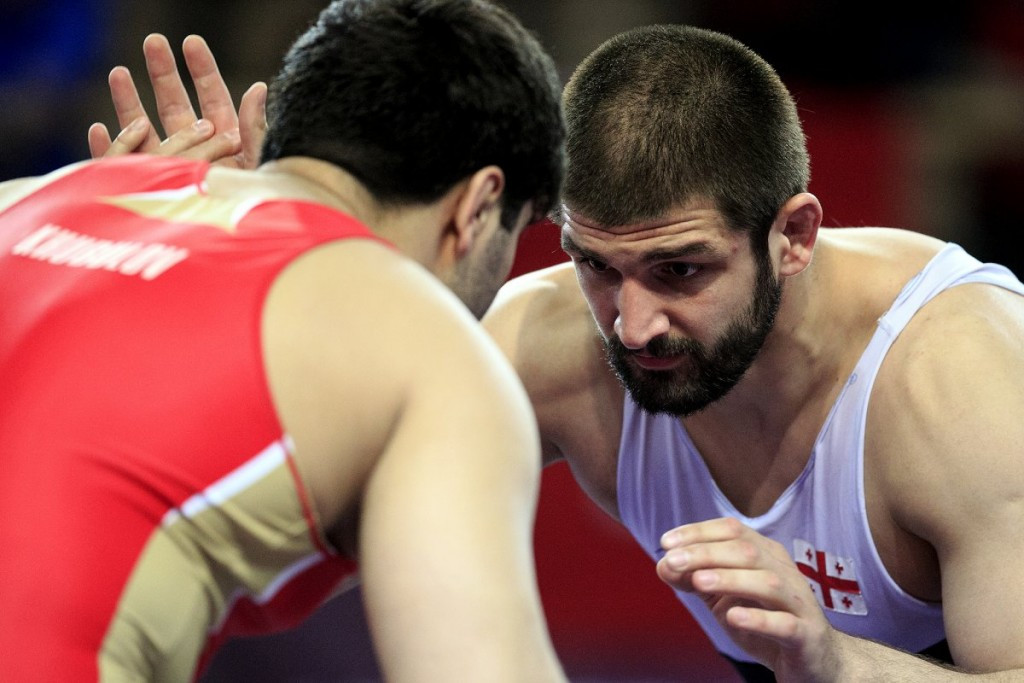 Geno Petriashvili, right, retained his 125kg title on day two of the European Under-23 Wrestling Championships ©UWW