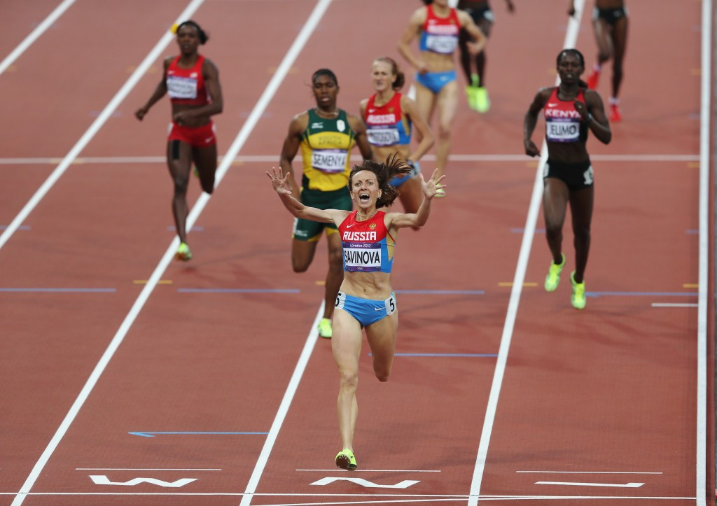 Russia Mariya Savinova crossed the line in front of South African Caster Semenya in the 800m ©Getty Images