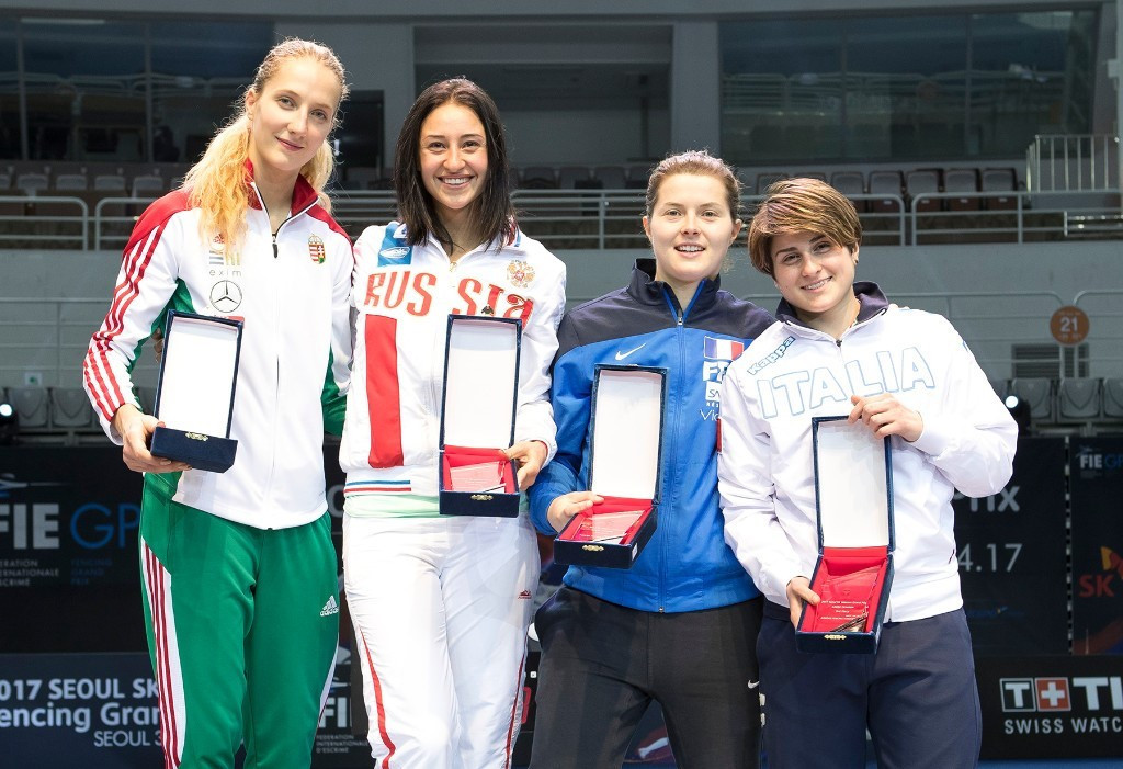 Rio 2016 Olympic gold medallist Yana Egorian, centre, left, of Russia won her third FIE Sabre Grand Prix title today ©FIE