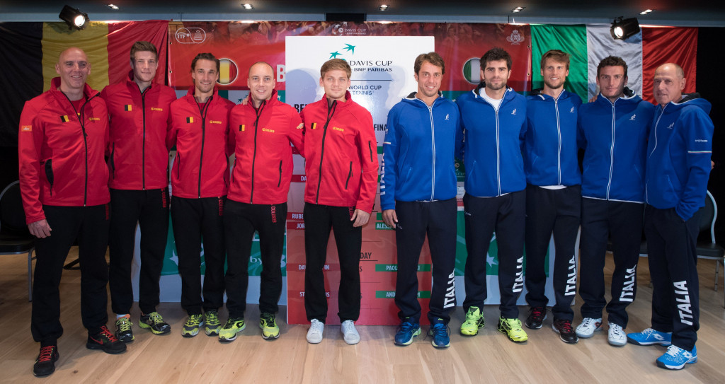 Belgium and Italy's teams pose together before their Davis Cup quarter-final clash in Charleroi ©Getty Images