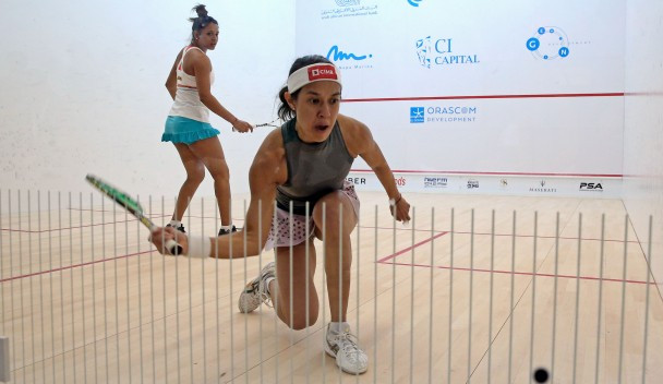 Eight time world champion Nicol David, front, won in three games today ©PSA