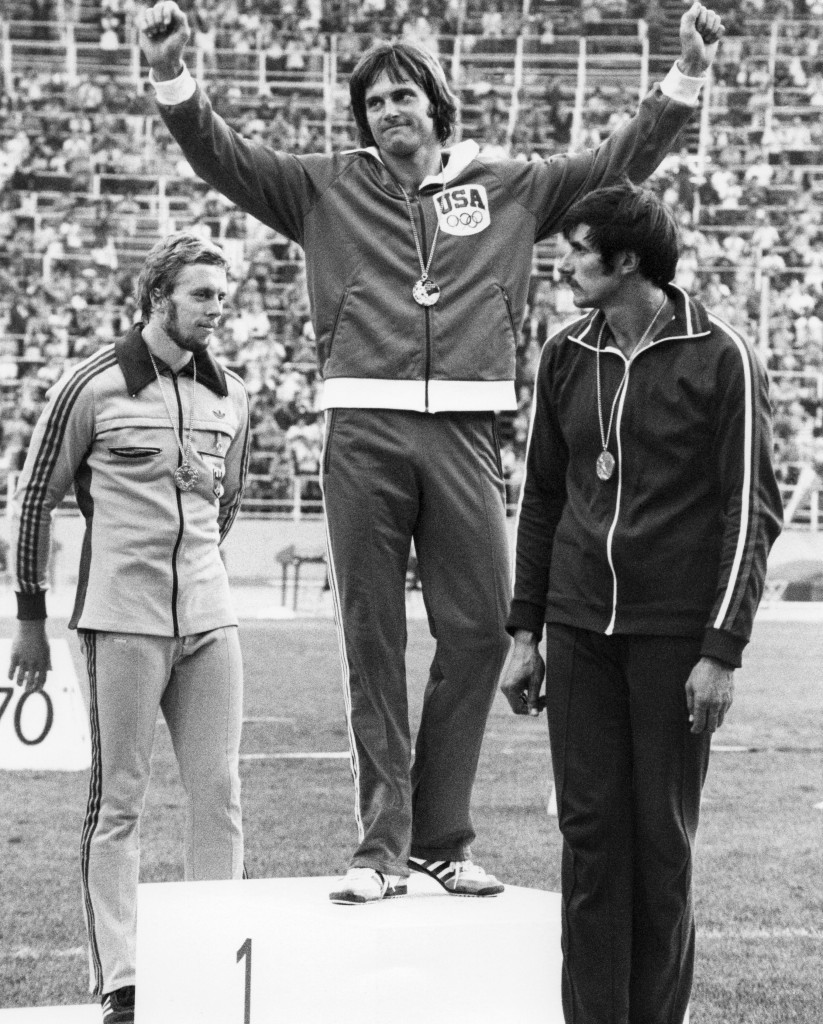 Bruce Jenner celebrates gold in the 1976 Olympic decathlon, flanked by silver medallist Guido Kratschmer of West Germany (left) and Soviet bronze medallist Mykola Avilov ©Getty Images