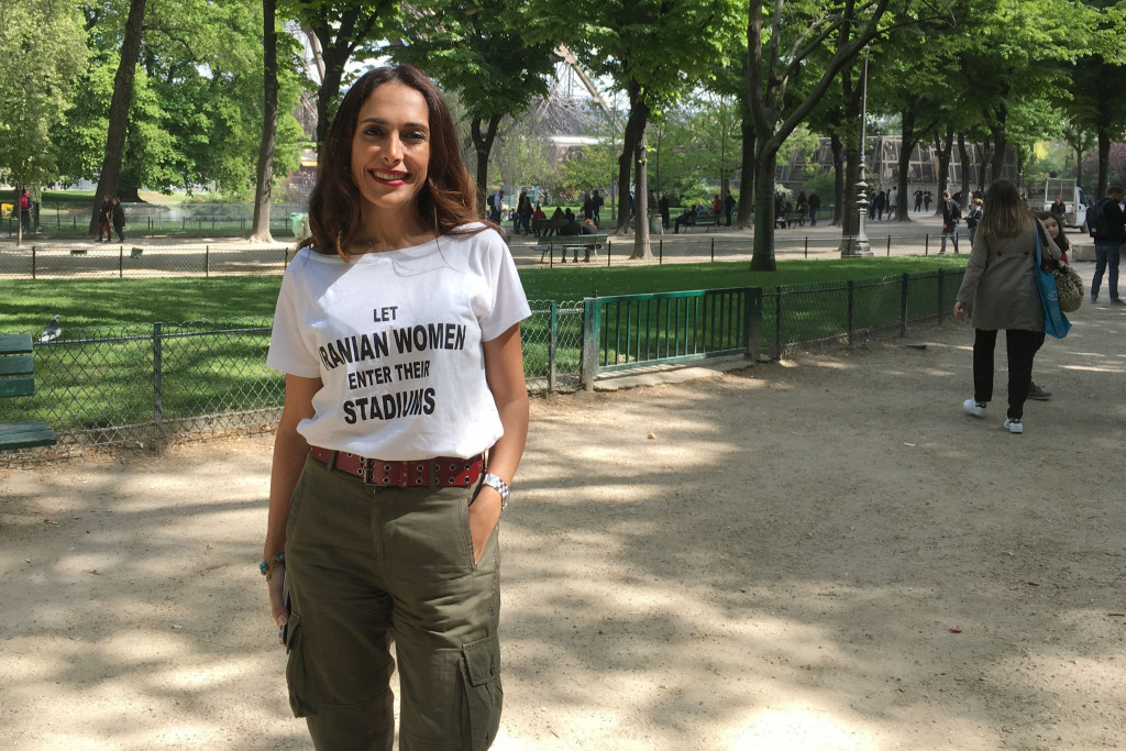 Activist Darya Safai pictured protesting the ban on women entering Iranian football and volleyball stadiums in Paris last week ©AFP/Getty Images