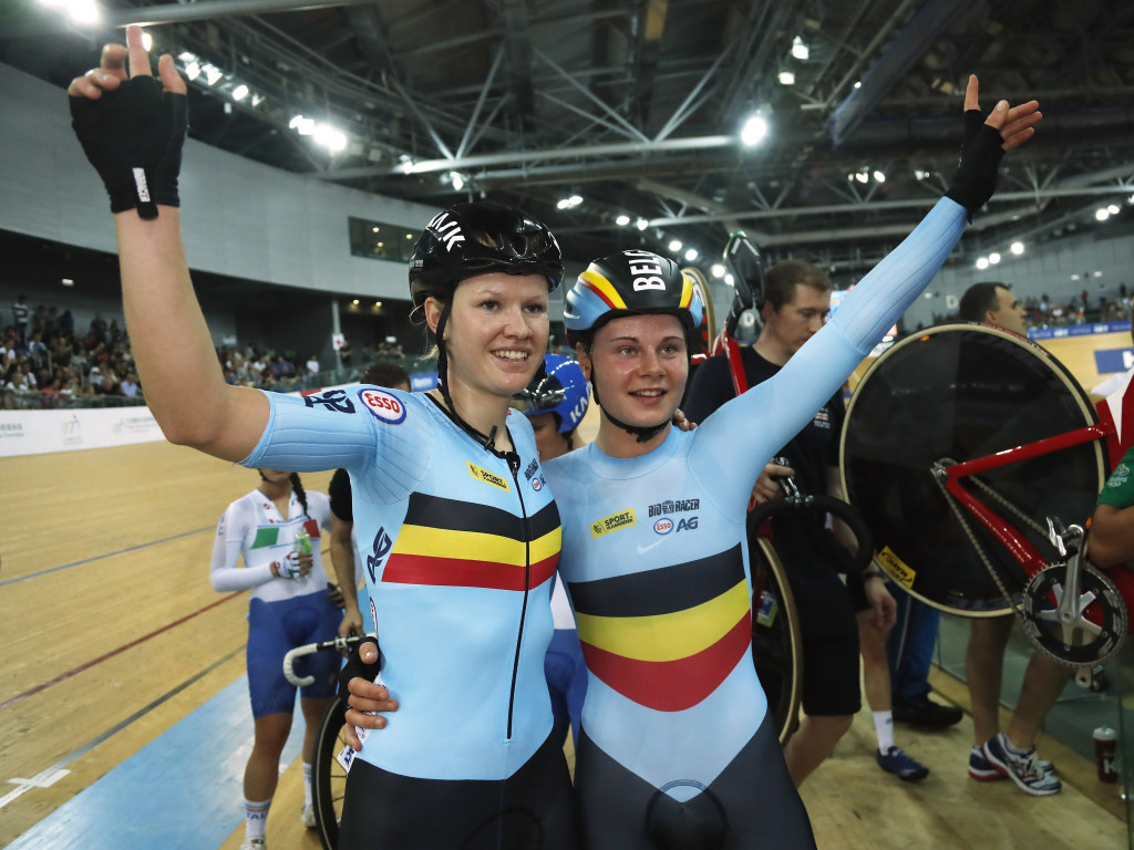 Belgium's Lotte Kopecky and Jolien D'Hoore celebrate their historic madison world title ©Getty Images