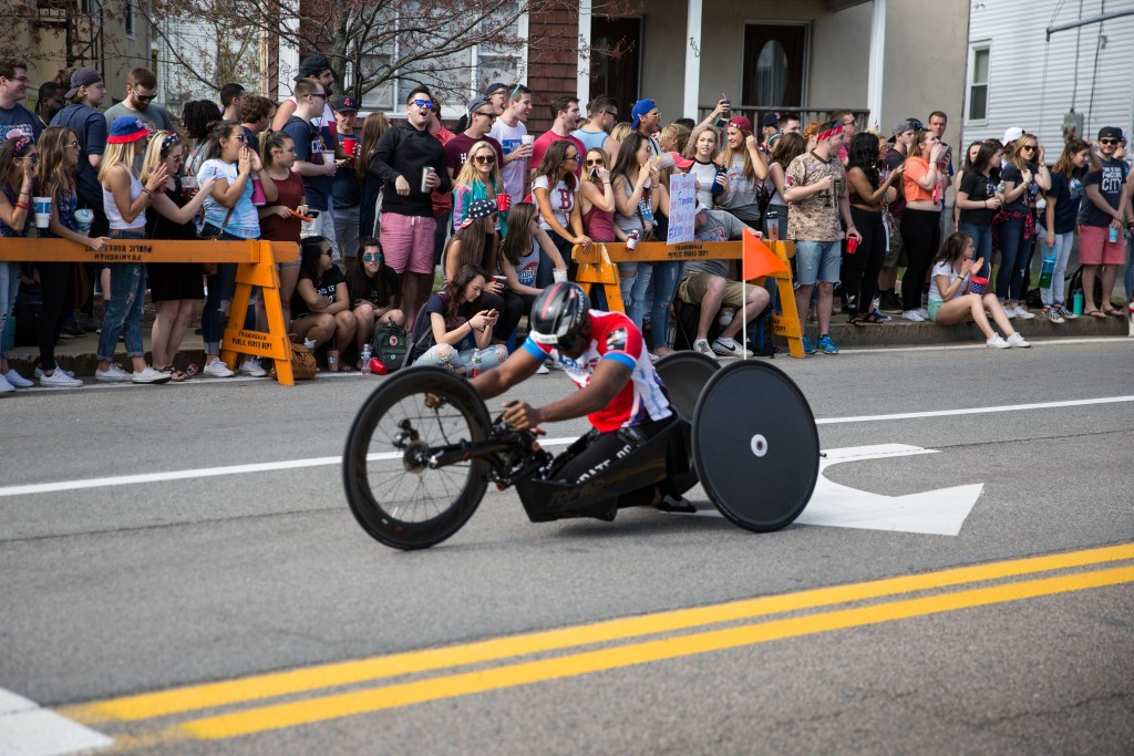 Wheelchair racers are cheered on during the Boston Marathon ©Getty Images