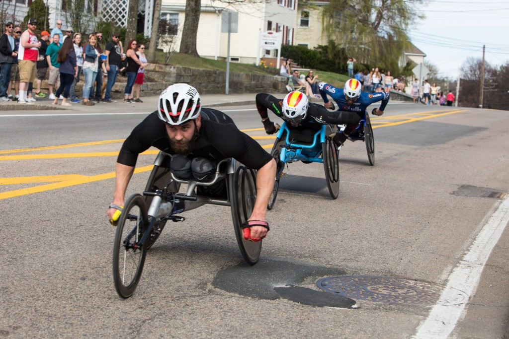Wheelchair racers passing the mile six point at the Boston Marathon ©Getty Images