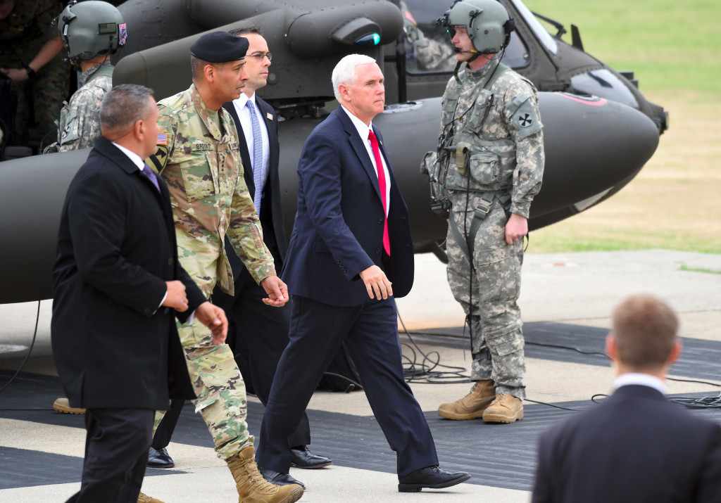 US vice-president Mike Pence has met with troops in South Korea over the last week during a visit to the region ©Getty Images