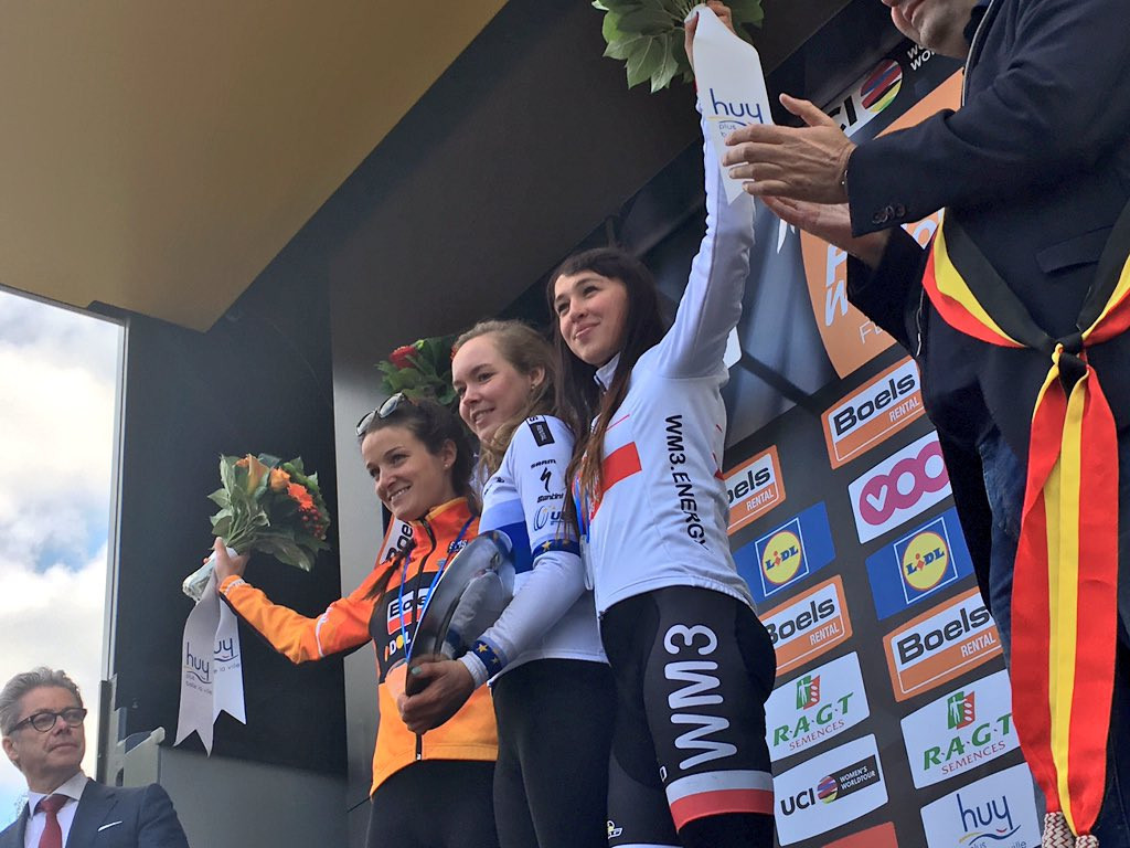Anna van der Breggen, centre, won the women's race ©Twitter/La Flèche Wallonne